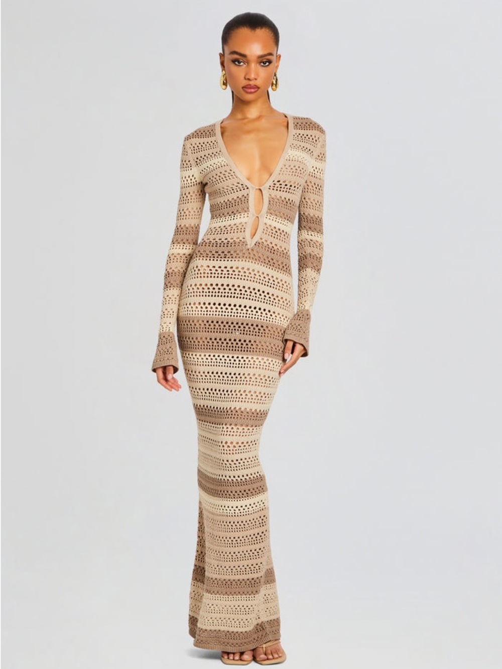 Beige Crochet Maxi Dress with V-Neck